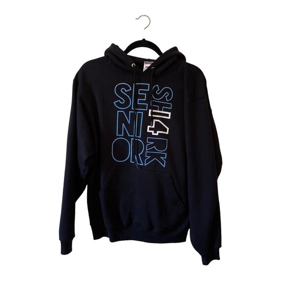 Jerzees M/M black white Senior Sh4RKS shark spell spell out hoodie casual cozy - Picture 1 of 7